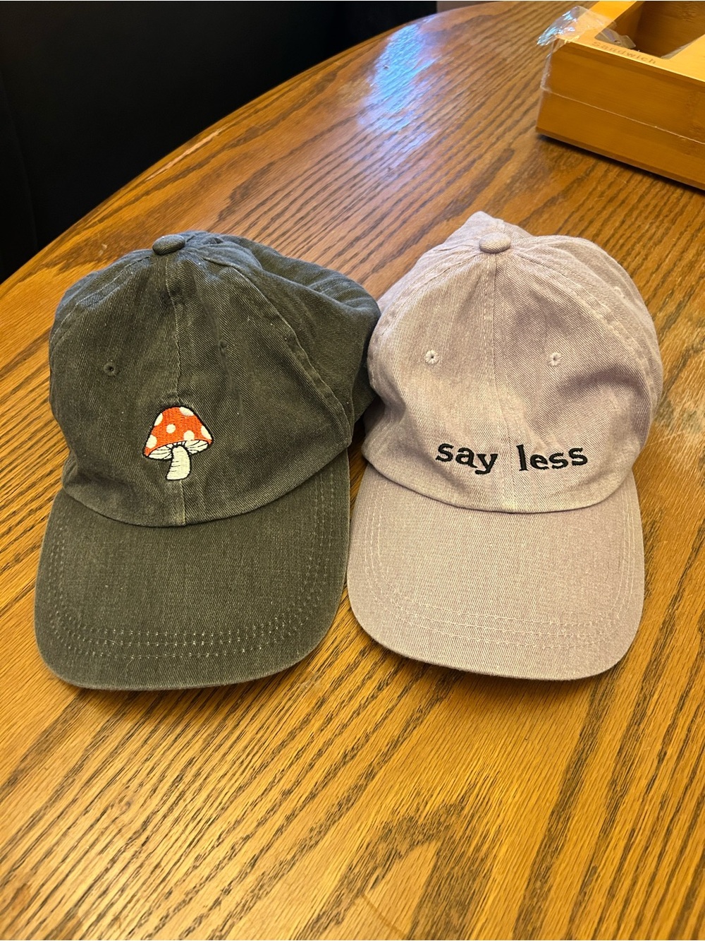 Embroidered Mushroom Black Cap & 'Say Less' Lilac Cap Duo